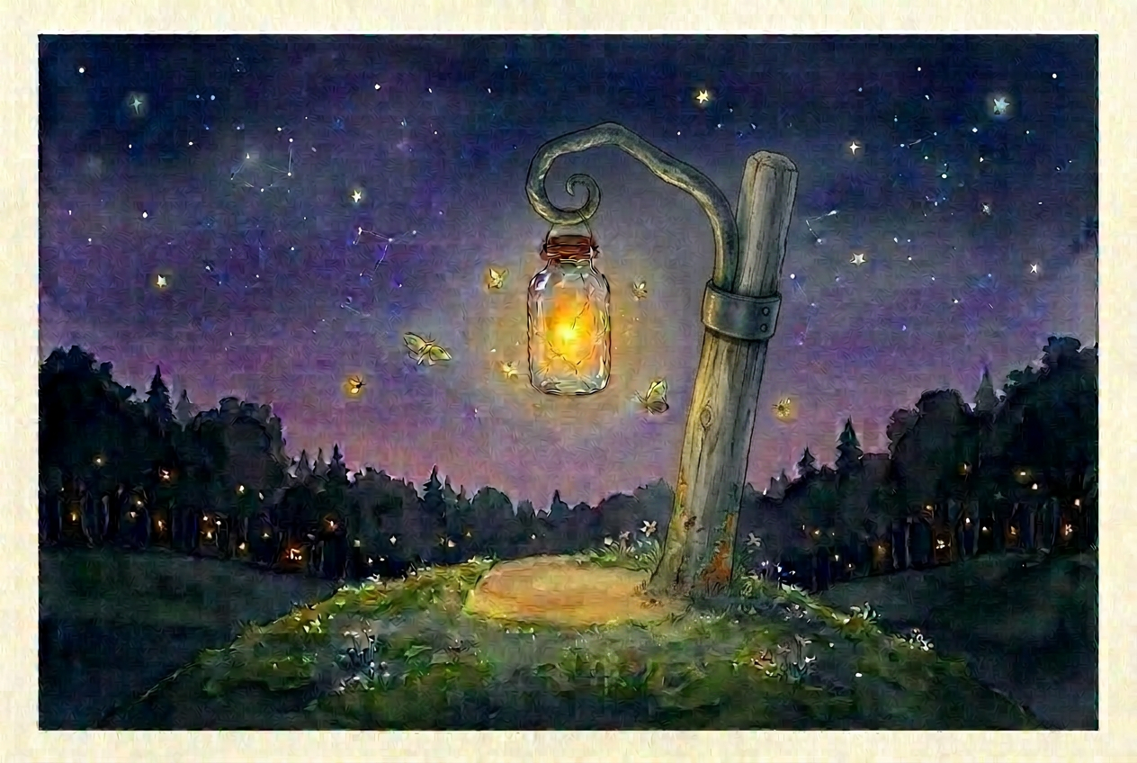 The Crooked Lantern glowing atop the hill at the edge of the Sugarwood at twilight.