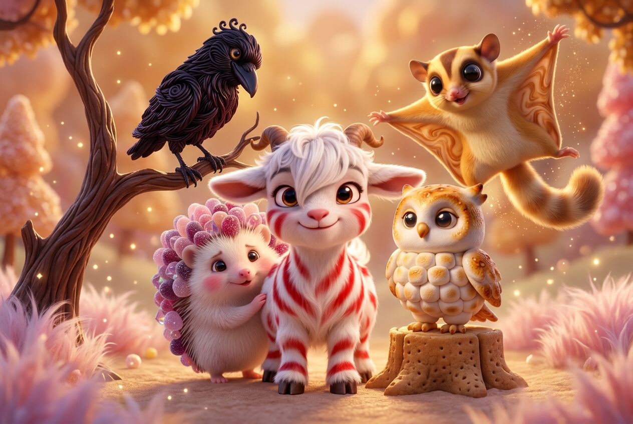 Pep, Plum, Inkwell, Mellow, and Caramel together in the Sugarwood at golden hour